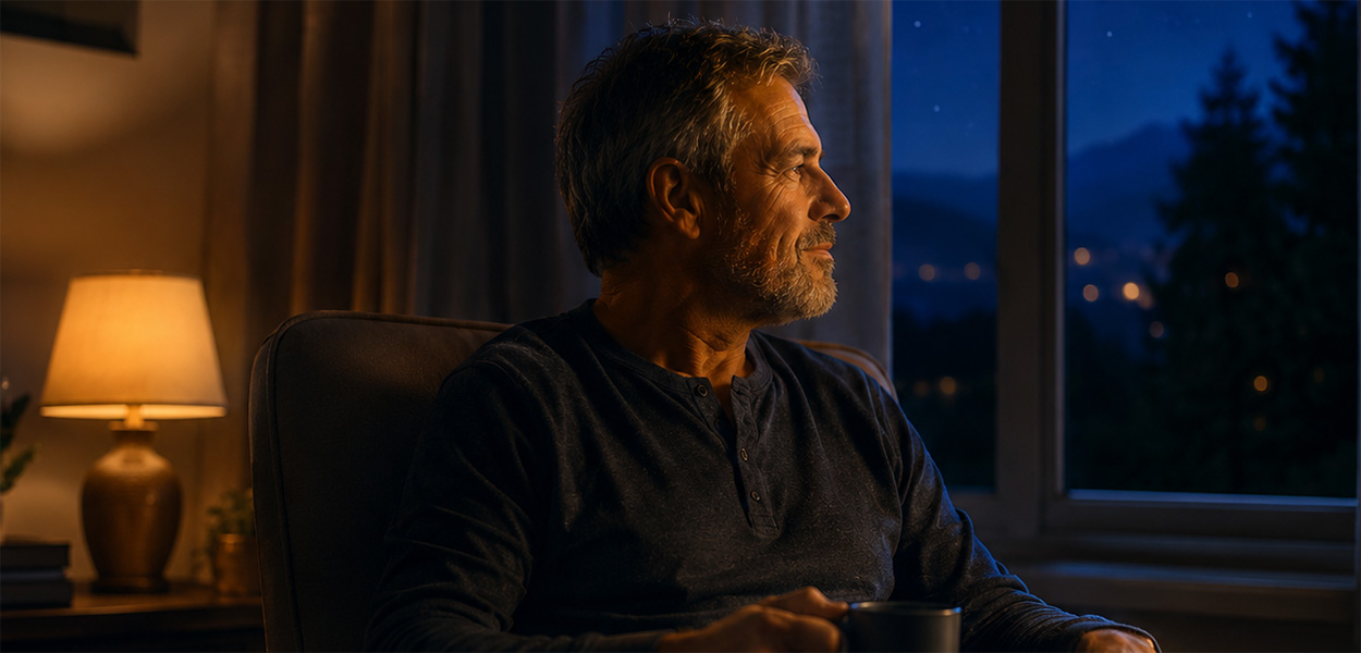 An older adult sitting quietly by a window in warm evening light, finding calm